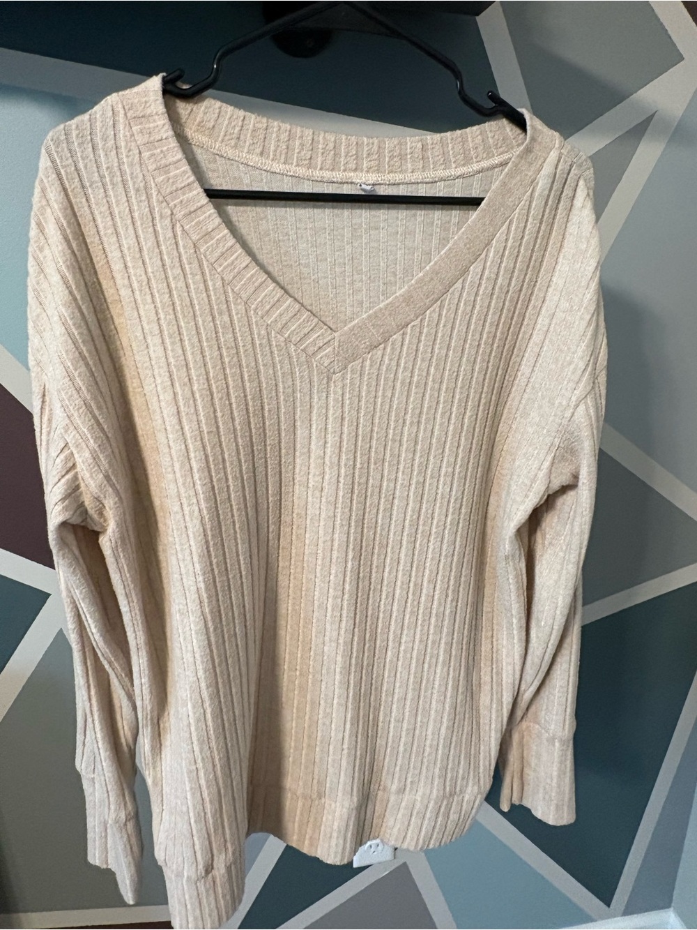 Women's Cream V-Neck Ribbed Sweater